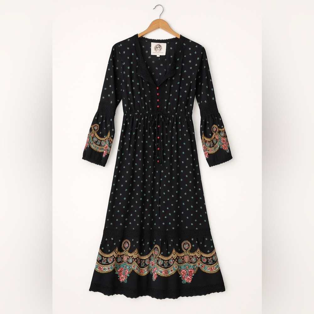 Chasing Unicorns Bohemian Black Floral Long Sleeve Dress size Large - Picture 2 of 13